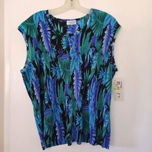 Ninety Woman Vintage 90s Tropical Leaf Accordion Pleated Blouse 2X Green Blue